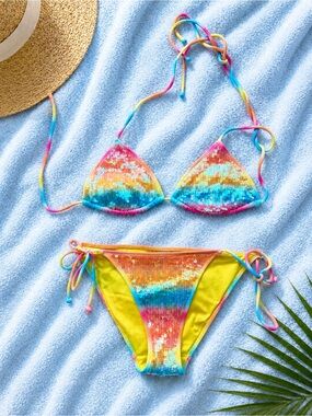 Rainbow Sequin Tie-Side Bikini - Bright Multicolor